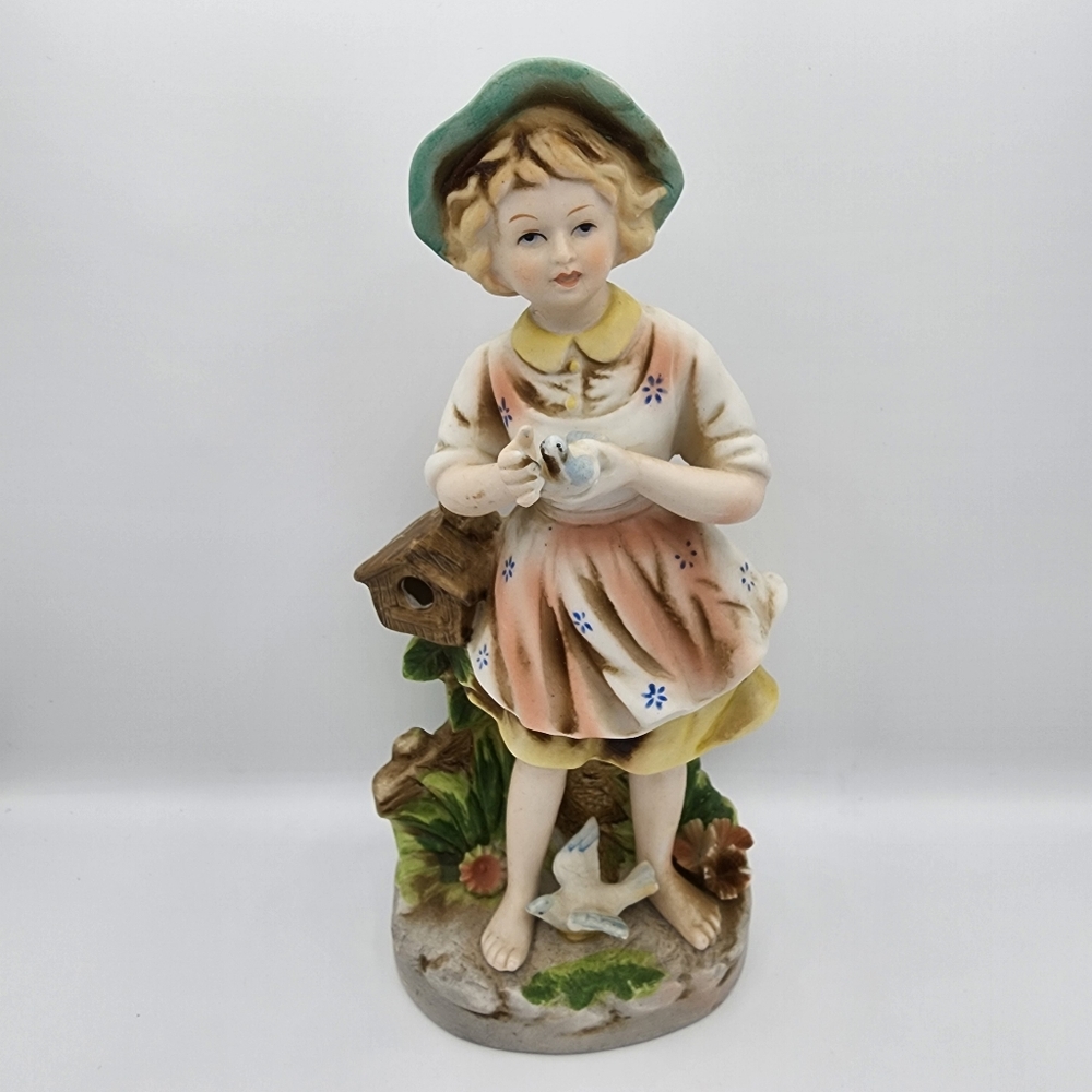 Homco Girl with bird Bisque Porcelain figurines #8880 Collectible Birdhouse